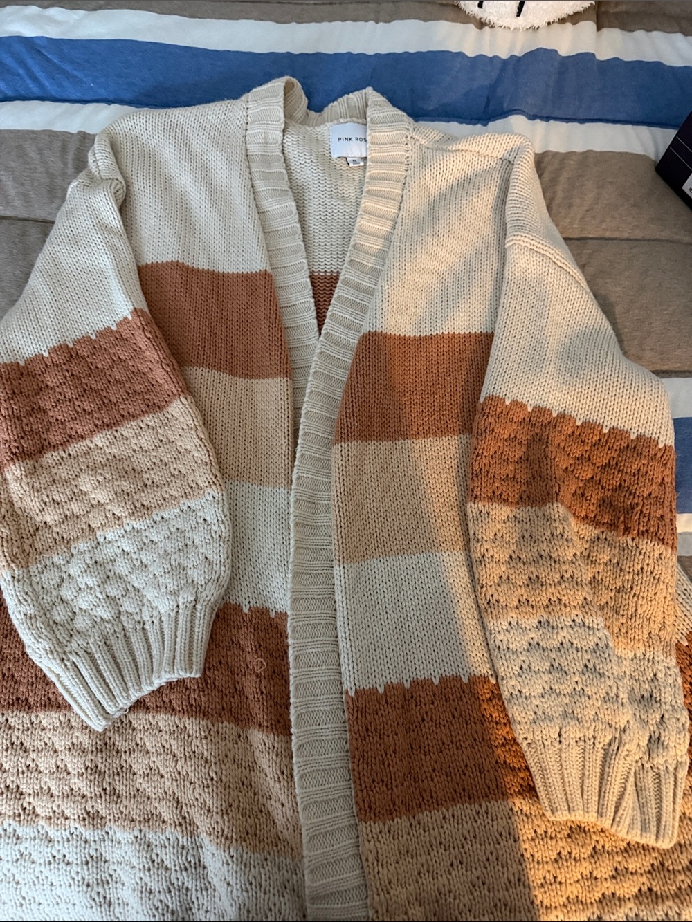 Pink Rose Cream and Brown Striped Open Cardigan